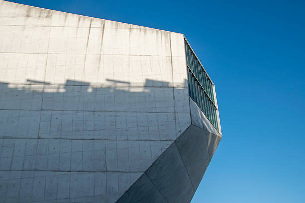 Porto. Portugal: August 12 2023: Architectural detail view of a modernist cultural building with angular concrete architecture.