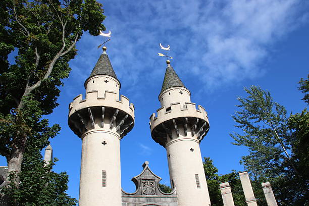 Twin ornamental towers of Powis Gate, University of Aberdeen, Old Aberdeen, Scotland