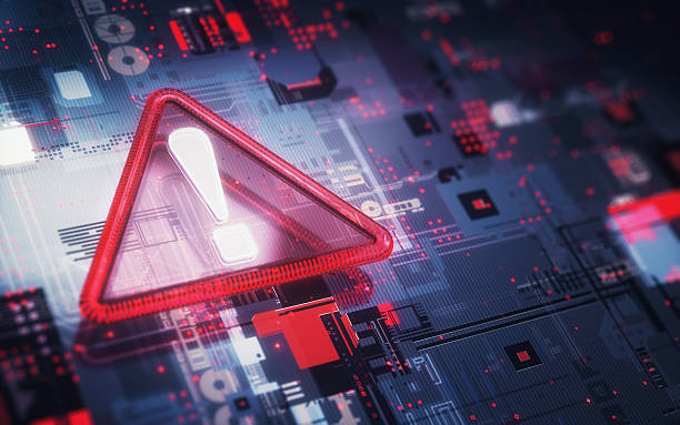 istock Hazard Warning Sign Sequential Glowing Red White Glass Hazard Warning Sign on Digital Background 2223556394