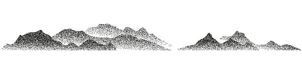 Noisy stippled grainy texture mountain landscape. Horizontal banner of abstract grain dotted glacier. Vector illustration black dotted particle terrain, stippling peak, icy rock or alpine silhouettes.