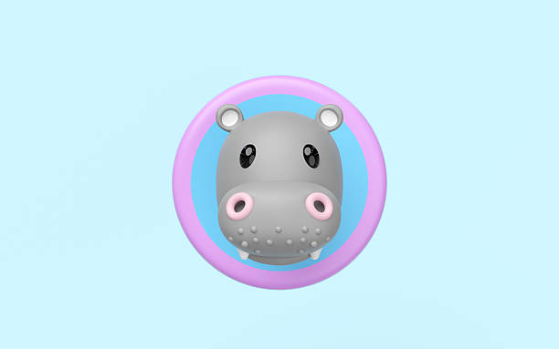 Adorable 3D cartoon hippopotamus head, rendered in a cute, minimalist style, centered within a vibrant pink and blue circular frame against a soft pastel blue background. Ideal for children designs.