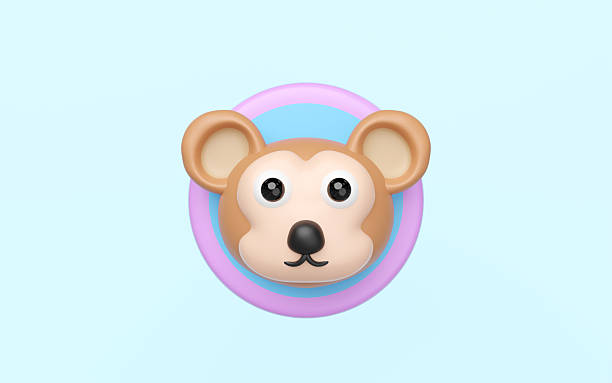 istock Vibrant 3D monkey character head with expressive eyes and a black nose, set against a two-tone pastel circular backdrop of blue and purple, on a plain light blue background. Playful design. 2223561751