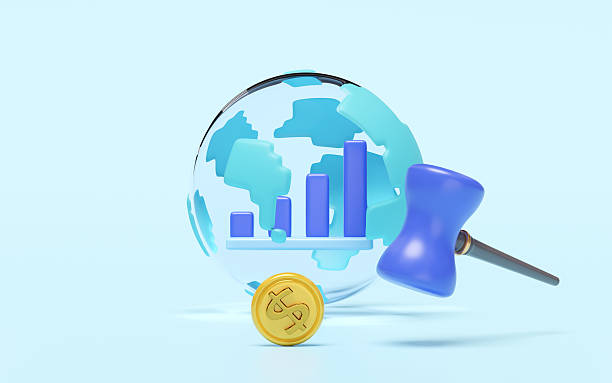 istock 3D render of a globe featuring a bar chart, a golden dollar coin, and a judge's gavel on a light blue background. Illustrates global finance, economic data, international law, and market trends. 2223561761