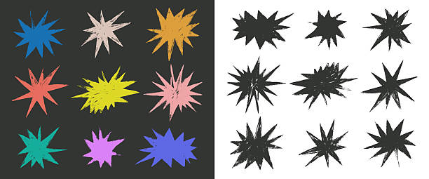 Crayon drawn funky stars torn edges colored set. Fun kids star shapes. Childish drawing comic illustration. Pencil or charcoal drawing childish vector elements. Hand drawn doodle star sparkles.