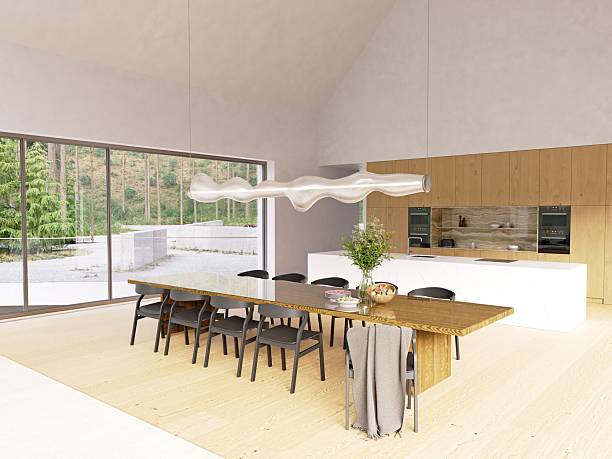 istock Open plan loft living spacious dining and kitchen area with natural light and wooden details. Modern luxury home interior 3d rendering for real estate. 2223567600