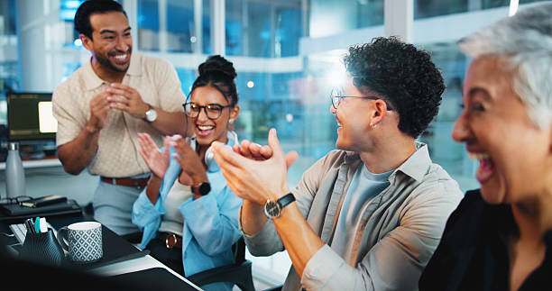 istock Office, business people and excited with applause for celebration, motivation and developer team. Night, collaboration and programmers with clapping hands for success, support and happy for project 2223571230