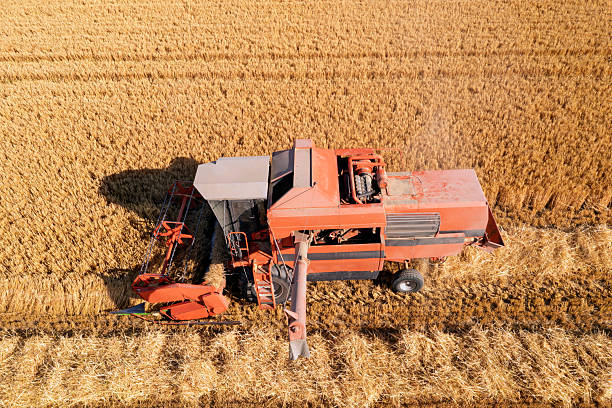 Aerial view of a red combine harvester working in a field of golden grain.