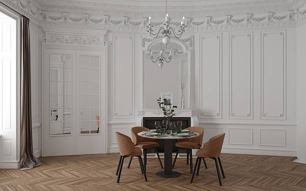 istock 3d rendering of an elegant white rococo dining room with a prepared table, chandelier, and fireplace. 2223577592