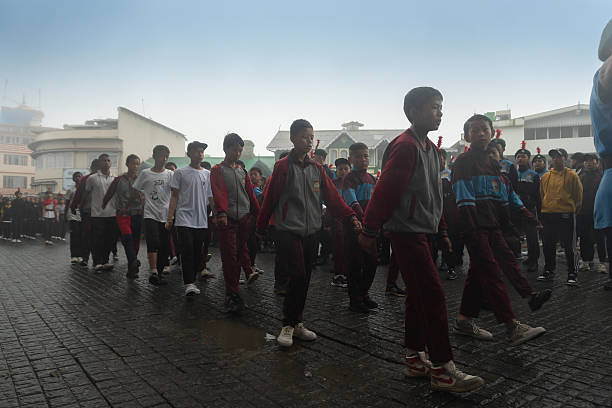 Darjeeling,West Bengal,India-11.08.2023: Military training in morning. School student cadets marching past at Darjeeling Mall for preparation of Independence Day celebration on 15th August 2023,