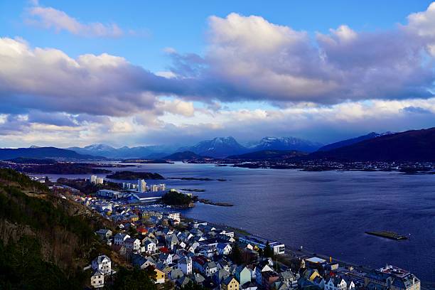 Stunning view of the port city of Aalesund, Norway. Seen from the viewpoint on mount Aksla.