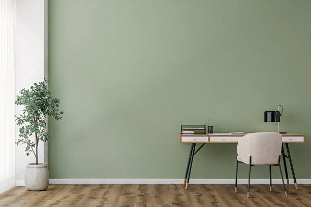 istock Modern Home Office Interior with Minimalist Design on pastel light green color Wall Background 2223596902