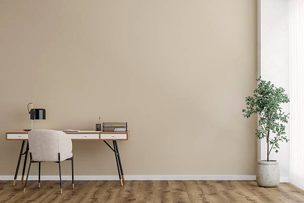 istock Modern Home Office Interior with Minimalist Design on Sand color Wall Background 2223596920
