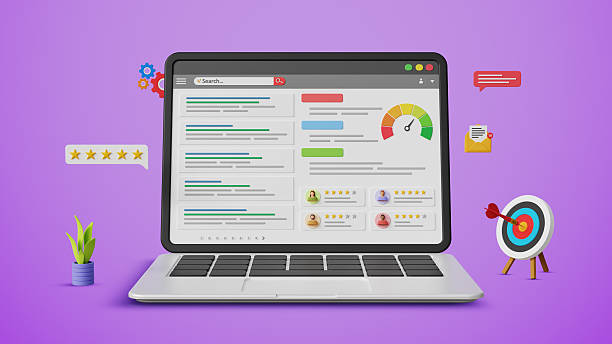 istock SEO ranking, SEO analysis, SERP, Search engine result page, website marketing, results query, organic reviews, website optimization. Laptop with top search results. 3D illustration 2223598155
