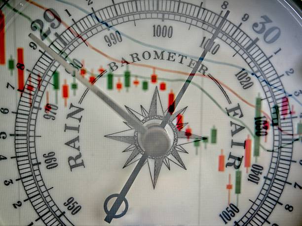 The barometer measures the financial market. Atmospheric pressure and market force pressure a concept image.