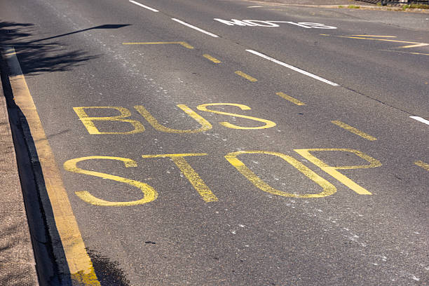 istock Yellow Bus Stop Road Marking on Tarmac Asphalt Surface 2223603249