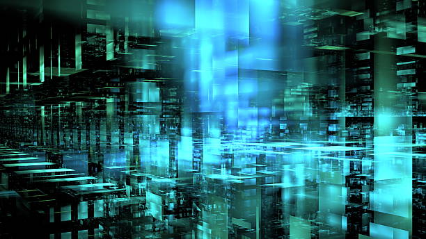 istock Bright blue and green light fills a complex digital landscape with overlapping geometric shapes and patterns, creating a sense of depth and intricacy in a futuristic environment. 3d render 2223617823
