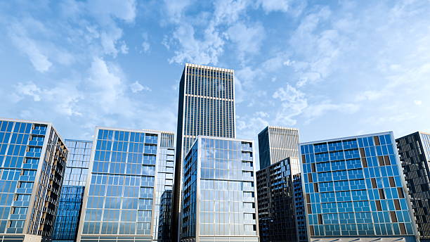 istock Skyline features tall glass skyscrapers showcasing modern architecture under a clear blue sky. Buildings exhibit various designs and heights, highlighting urban development and innovation. 3d render 2223617826