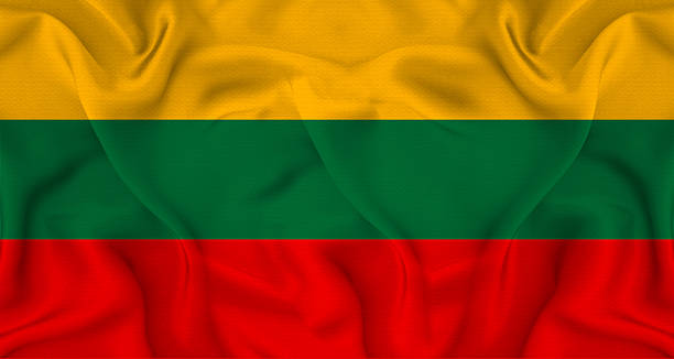Lithuania flag with fabric texture. Realistic flag of Lithuania waving