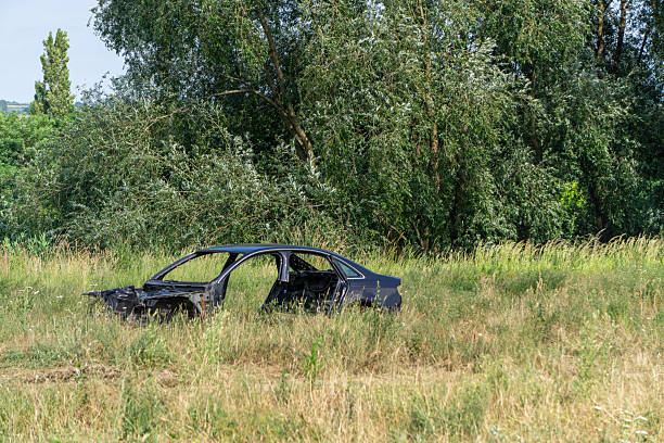 A burned out, wrecked sports car in the desert of Idaho