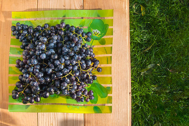 Ripe dark grapes lie elegantly on a green glass plate. Bright green grass and a wooden surface are visible nearby. The contrast of textures and colors creates an appetizing composition.