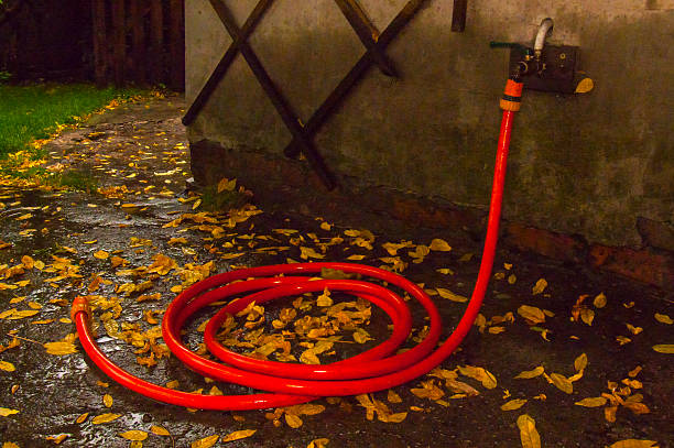 A bright red garden hose is coiled on a wet asphalt pathway. Scattered autumn leaves cover the surface. In the background, a wall with a tap, creating a rustic autumn scene.