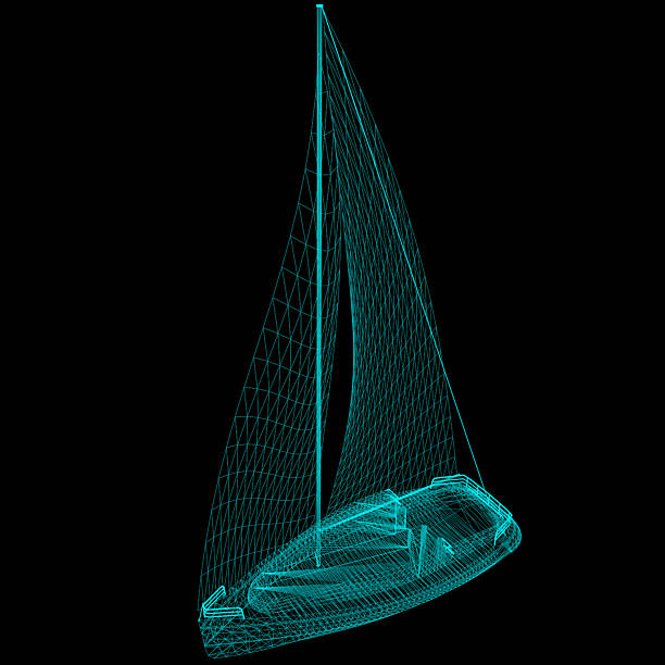 3D sailing boat model on black background.