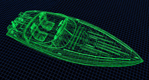 3D speed boat model with two seated on black background.