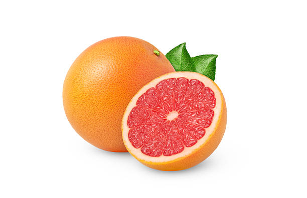 istock Citrus fruit with leaves cut out. Grapefruit and a half with green leaf isolated. 2223647431