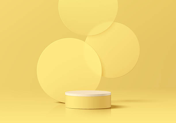 istock 3D yellow cylindrical podium pedestal background with overlap circles backdrop wall scene. Minimal empty mockup abstract product display presentation, Stage showcase. Platforms vector geometric design 2223649170