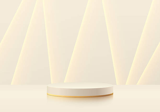 istock Beige 3D cylindrical podium background with golden lighting lines on wall scene. Minimalist mockup pedestal. Abstract luxury stand product display presentation. Stage showcase. Vector platform design. 2223649418