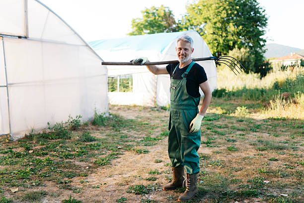istock Farmer carrying a pitchfork on his shoulder next to a greenhouse 2223652466