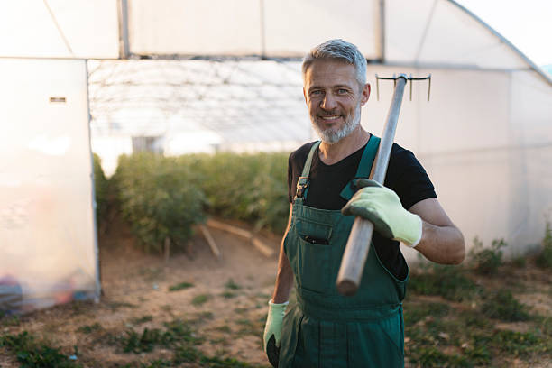 istock Farmer smiling and holding a pitchfork in a greenhouse 2223652514