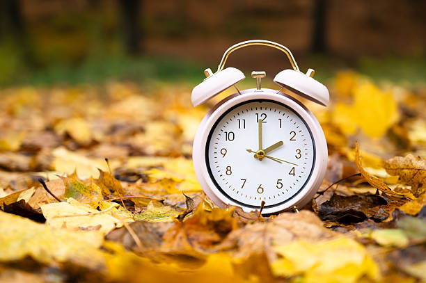 istock Winter time changeover, end of daylight saving time in autumn, alarm clock fall back switch,  forest with colorful foliage 2223655184