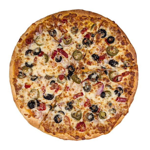 Horizontal full frame tabletop view of Italian food, cooked sliced vegetable veg pizza with sliced toppings jalapenos pepper,  onion, tomato, black green olives, capsicum with melted browning cheese making restaurant food business background or backdrop