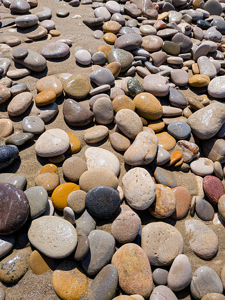 Glistening smooth pebbles in a variety of colors and sizes resting on a sandy beach, capturing the beauty of nature under sunlight