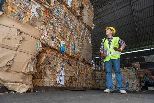 istock Female Worker Inspecting Baled Cardboard at Recycling Facility 2223661189