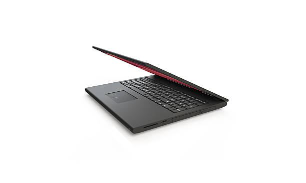 istock 3d render of a black laptop isolated on white. The screen shows a red pink  abstract wave image. the screen is half closed and facing forward 2223667213