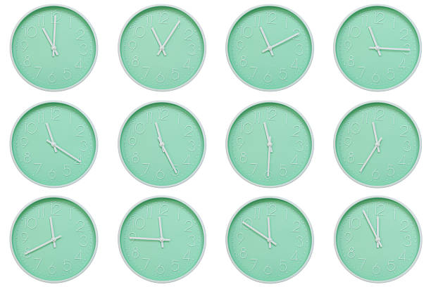 istock Collection of mint green wall clocks with white numbers and hands, each showing a different time 11:00 to 11:55 or 23:00 to 23:55. Perfect for concepts related to time, routine, or scheduling in minimalist design themes. 2223681845