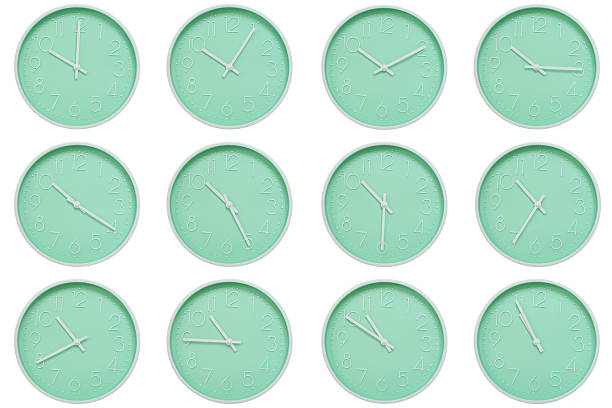 istock Collection of mint green wall clocks with white numbers and hands, each showing a different time 10:00 to 10:55 or 22:00 to 22:55. Perfect for concepts related to time, routine, or scheduling in minimalist design themes. 2223681848
