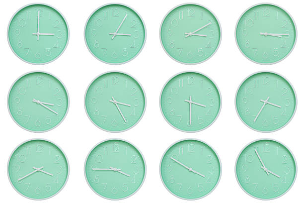 Collection of mint green wall clocks with white numbers and hands, each showing a different time 03:00 to 03:55 or 15:00 to 15:55. Perfect for concepts related to time, routine, or scheduling in minimalist design themes.