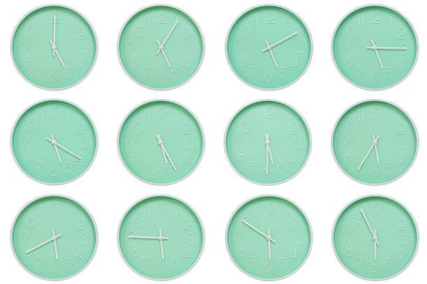istock Collection of mint green wall clocks with white numbers and hands, each showing a different time 05:00 to 05:55 or 17:00 to 17:55. Perfect for concepts related to time, routine, or scheduling in minimalist design themes. 2223681966