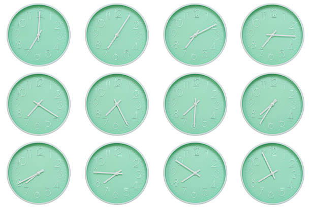 istock Collection of mint green wall clocks with white numbers and hands, each showing a different time 07:00 to 07:55 or 19:00 to 19:55. Perfect for concepts related to time, routine, or scheduling in minimalist design themes. 2223682070