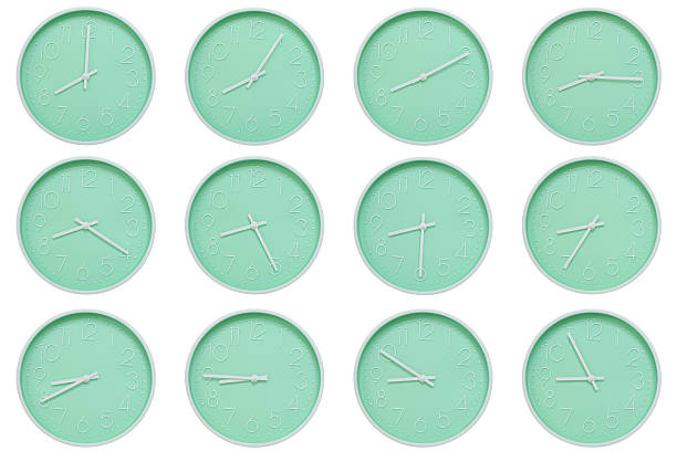 istock Collection of mint green wall clocks with white numbers and hands, each showing a different time 08:00 to 08:55 or 20:00 to 20:55. Perfect for concepts related to time, routine, or scheduling in minimalist design themes. 2223682191