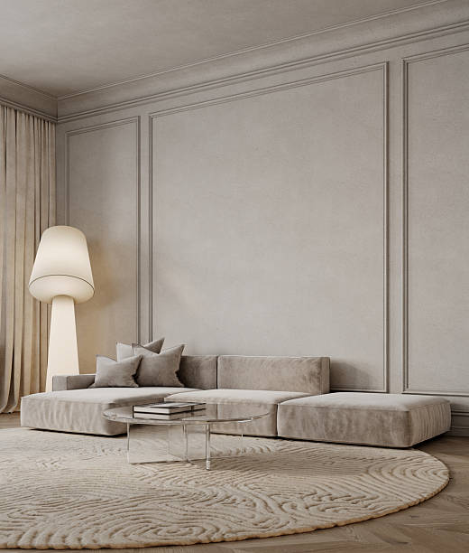 istock Contemporary classic interior with sofa, round carpet, glass coffee table, floor lamp and moldings. 3d render illustration mockup. 2223685370