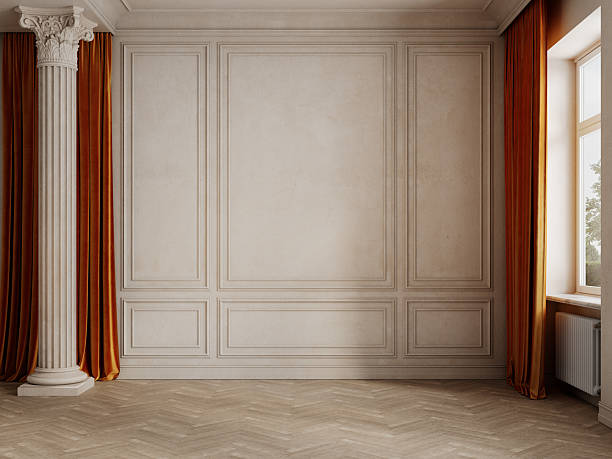 istock Classic empty interior with column, orange curtains, moldings and parquet wood floor. 3d render illustration mockup. 2223685372