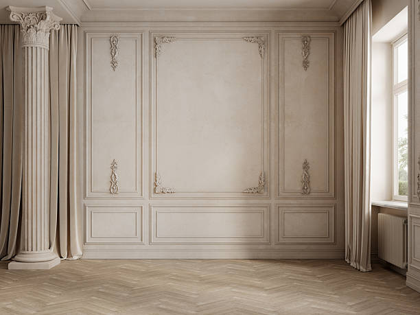 istock Classic beige empty interior with column, moldings, curtains and parquet wood floor. 3d render illustration mockup. 2223685380