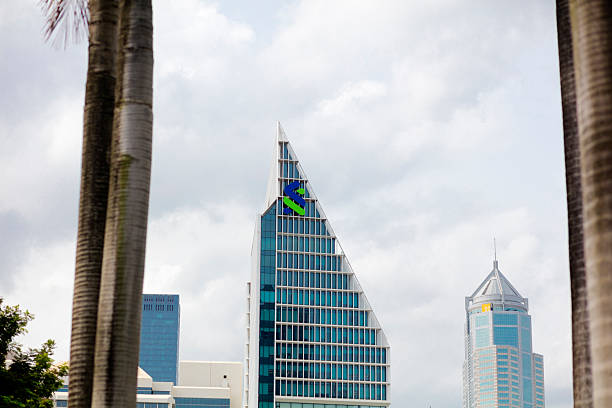 Bangkok skyscrapers seen through palm trees in  north of Lumpini Park at afternoon. Sky has growing overcast clouds. Buildings are in area of Sarasin and Witthayu Roads