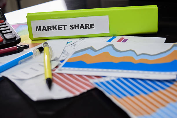Folders with the label market share. Business management concept stock photo