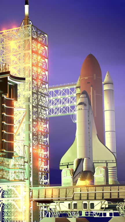 Realistic 3D Animation of Space shuttle ready to launch in night illumination, Earth Orbital Spacecraft System. Time Lapse.