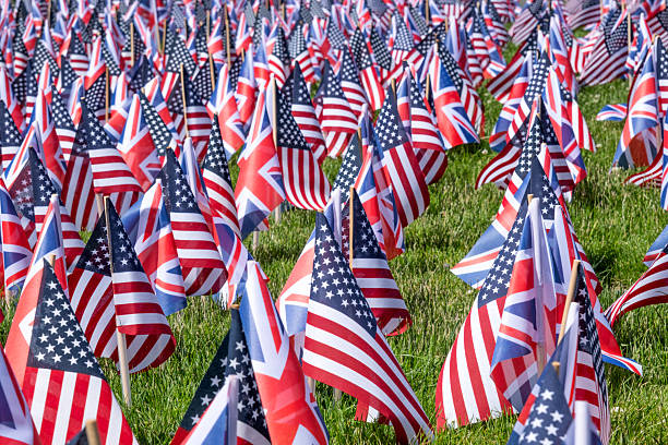 Groups of National Flags of Britain and USA in a public park
